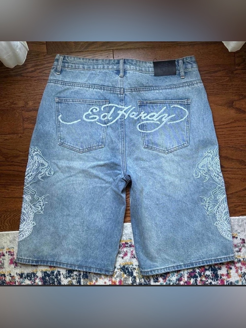 Urban Outfitters x Ed Hardy Blue Bermuda Jorts Shorts Dragon Embroidered - Picture 2 of 4